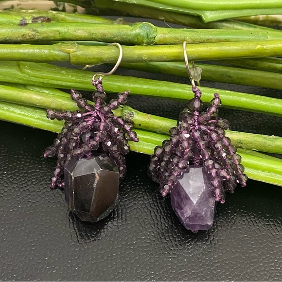 Handmade Amethyst Crystal Cluster Beads Drop Earrings - Picture 4 of 11